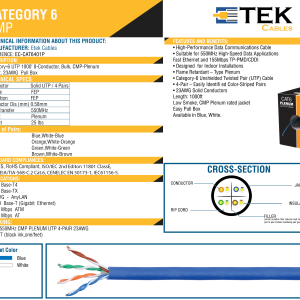 Cat6 Plenum 1000FT Ethernet Cable Solid Conductor UTP | Blue,White, Black,Yellow