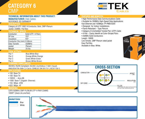 Cat6 Plenum 1000FT Ethernet Cable Solid Conductor UTP | Blue,White, Black,Yellow